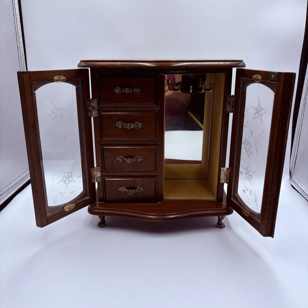 French Provincial Style Wooden Jewelry Armoire Chest Box Case Gold Glass Doors